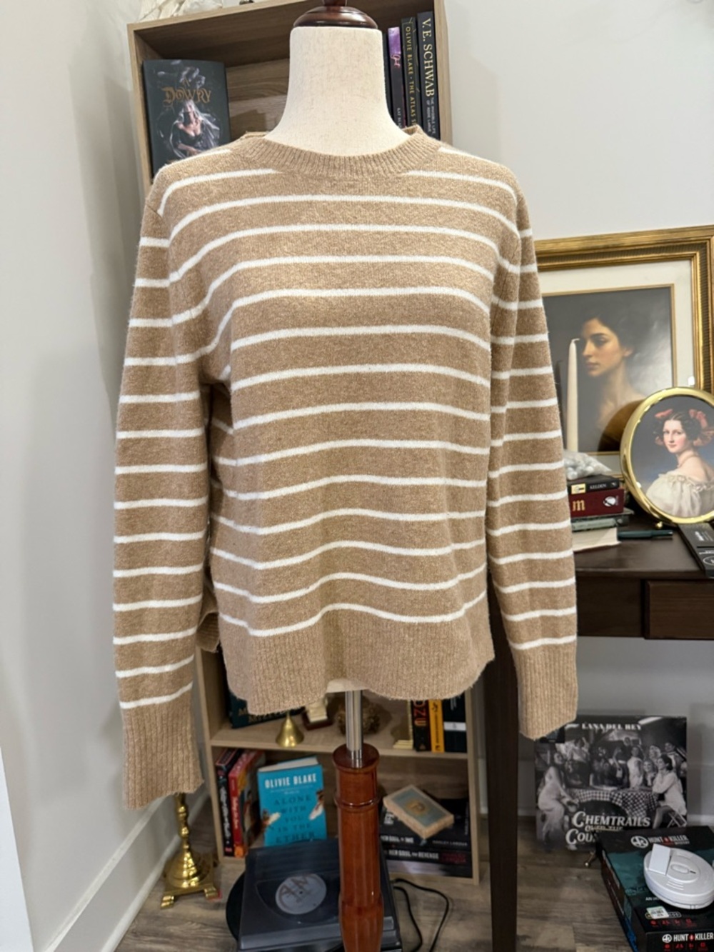 JCREW | Striped Crewneck Sweater in Camel and White